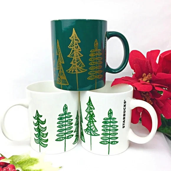 Starbucks | Dining | Starbucks 25 Set Of 3 Holiday White And Green Christmas  Tree Mugs | Poshmark